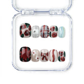 Naillover handmade press on nails with chocolate plaid base, 3D burgundy and white flowers, and ribbon details, perfect coquette nails from Singapore.